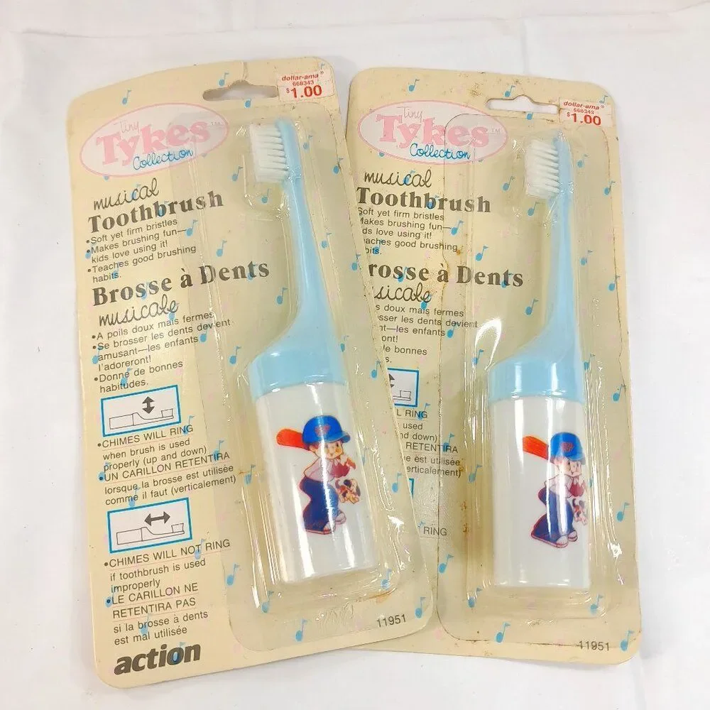 Vintage Tiny Tykes Musical Toothbrush SET 2 Kids Toddler‎ Chimes Baseball Boy